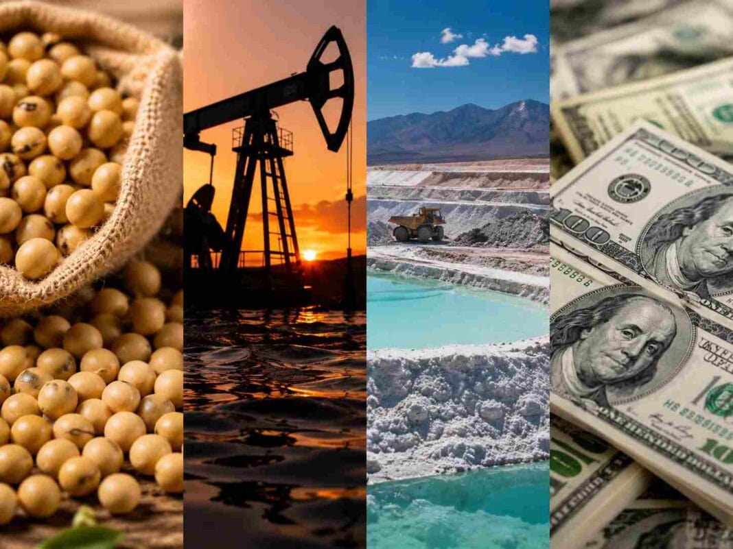 petróleo, minería, soja, dólares